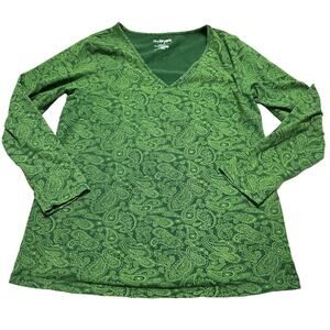 Lane Bryant Shirt Women Size 14W Green Paisley Long Sleeves VNeck Cotton Stretch